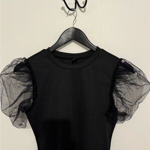 SHEIN Black Puff Mesh Sleeve Bodysuit